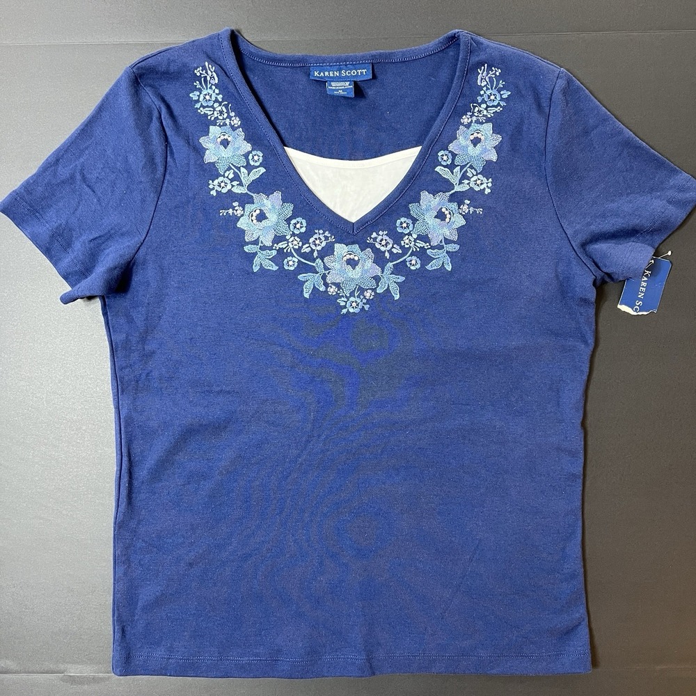Karen Scott Shirt Women's Size Medium Flower Embroidery Rhinestones Blue NWT